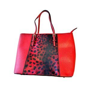 Red  Shoulder Tote Bag with Red & Black Animal Print Panel 3 inside compartments
